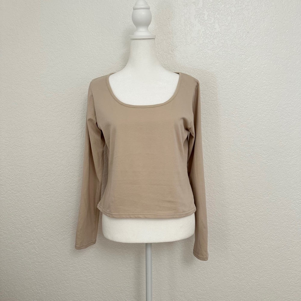 PrettyLittleThing Scoop Neck Top Womens 12 Stone Beige Cotton Long Sleeve